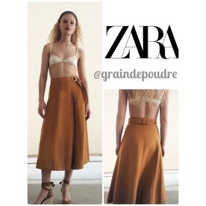 Rare! Zara Caramel Linen Blend Pareo D Ring Flare Wrap Skirt S